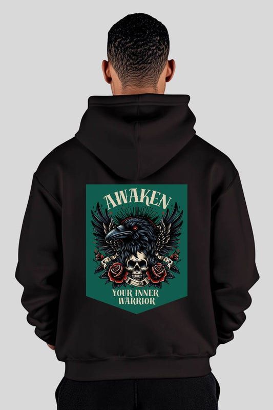 Rückansicht Awaken Oversize Hoodie Black für Männer und Frauen