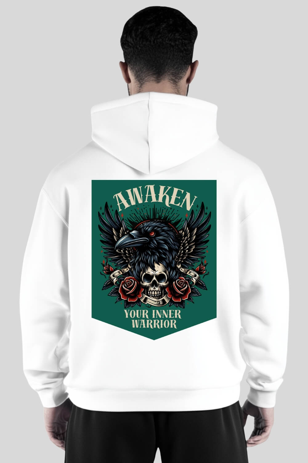 Rückansicht Awaken Oversize Hoodie White für Männer und Frauen