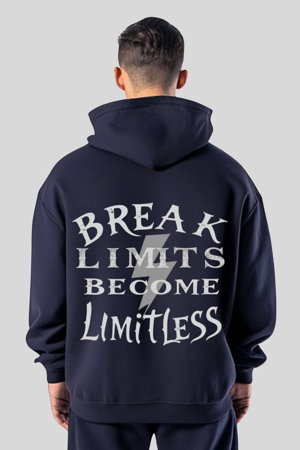 Rückansicht Break Limits Oversize Hoodie Navy für Männer und Frauen