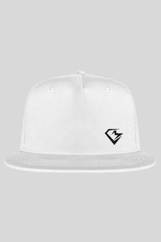 Frontansicht CM Cap White Snapback mit Stick für Männer und Frauen