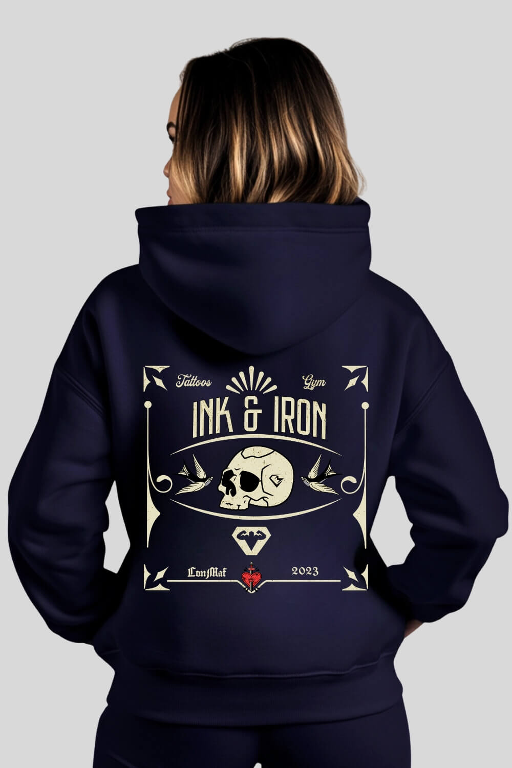 Back Ink Oversize Hoodie Navy für Männer und Frauen