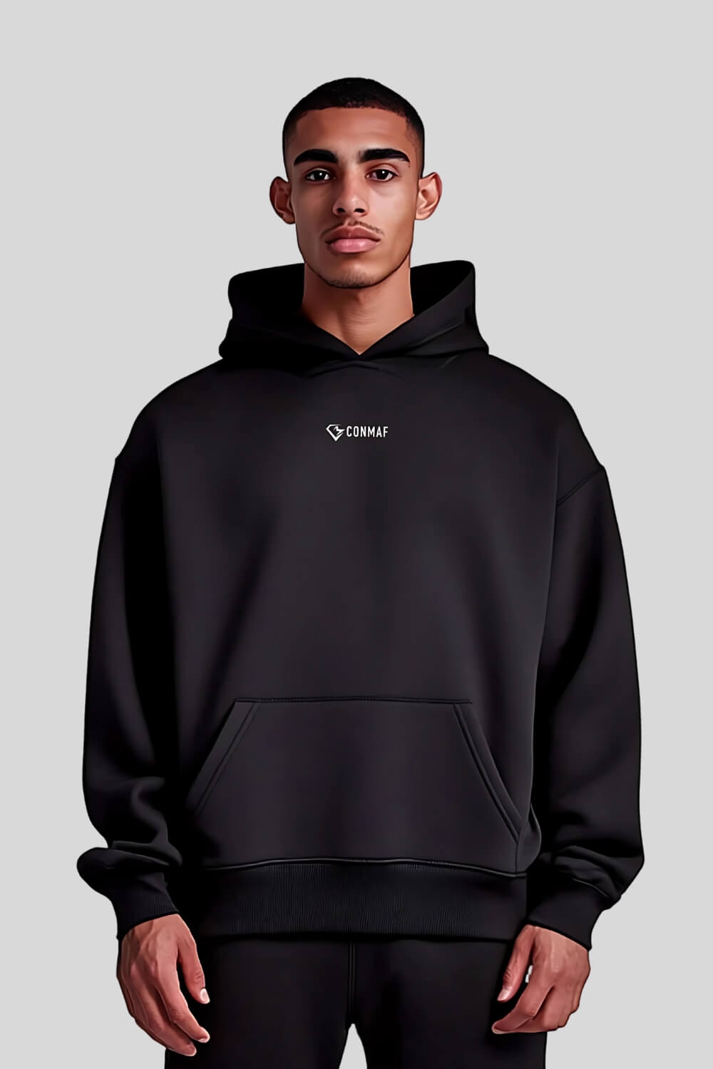 Frontansicht Never Oversize Hoodie Black für Männer und Frauen