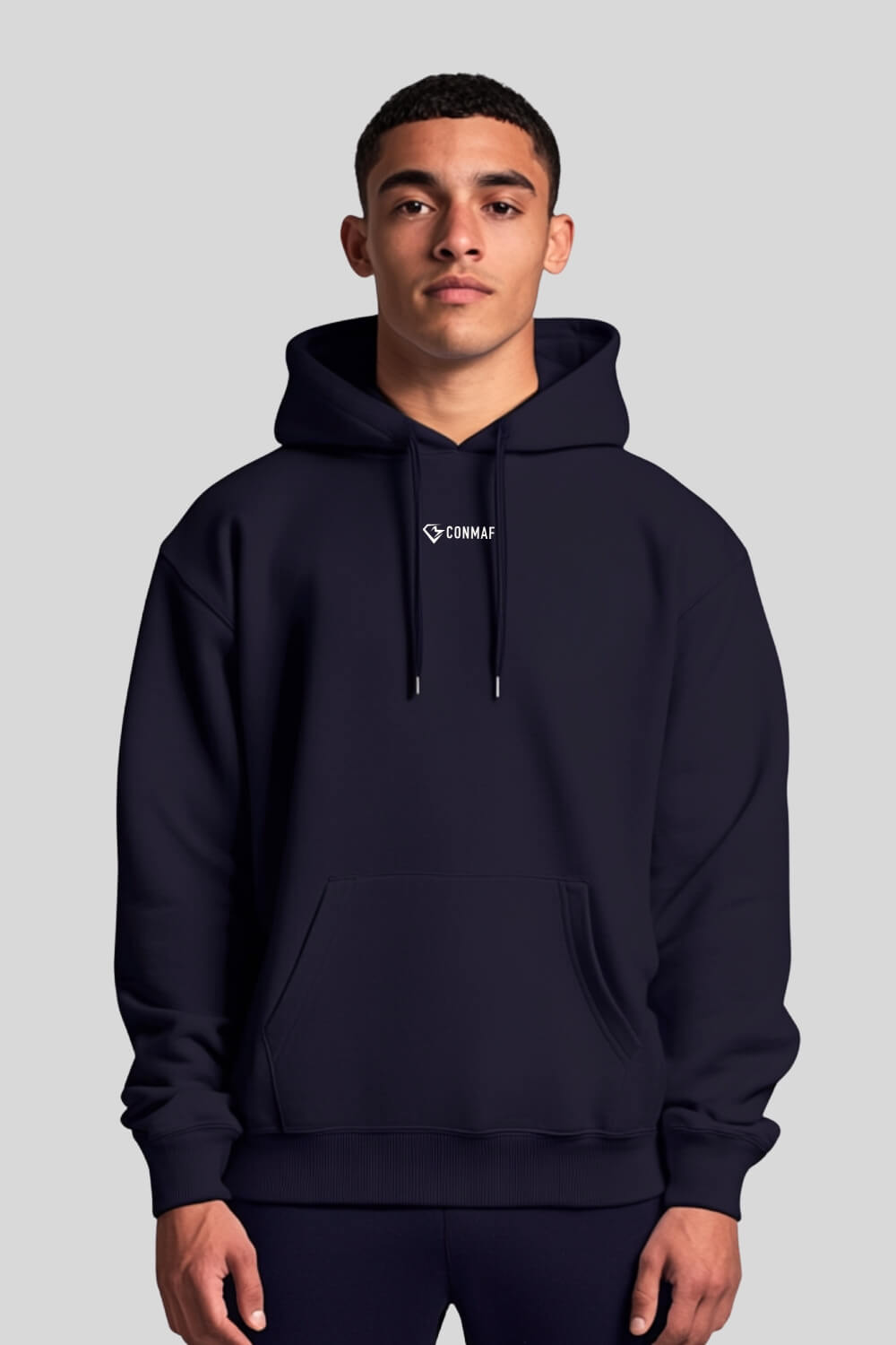 Frontansicht Never Oversize Hoodie Navy für Männer und Frauen