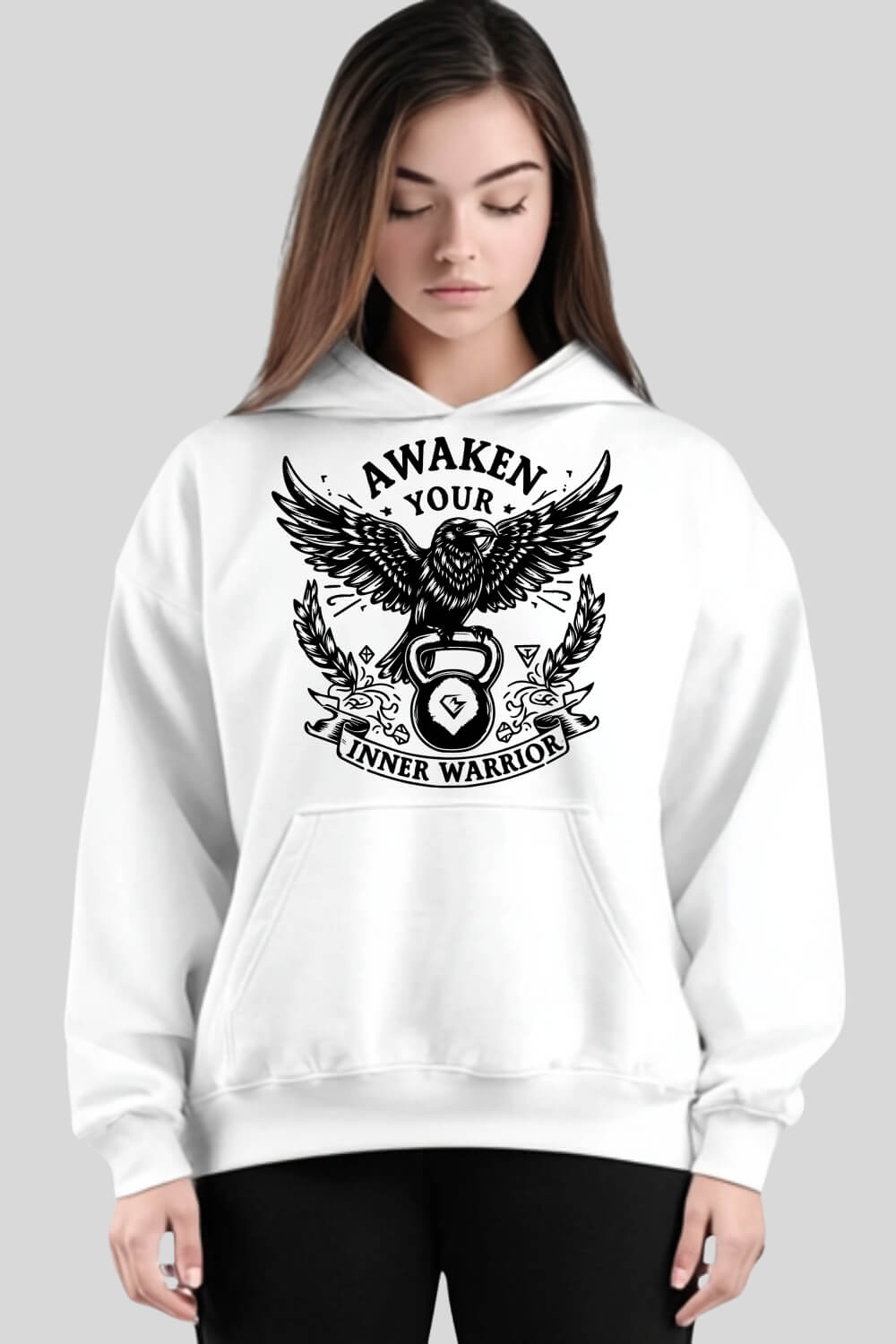 Front Raven Oversize Hoodie White für Männer und Frauen