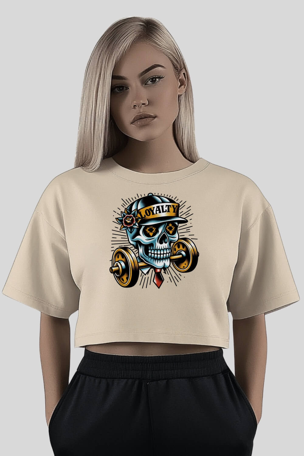 Frontansicht Skull Oversize Crop Top Sand für Frauen