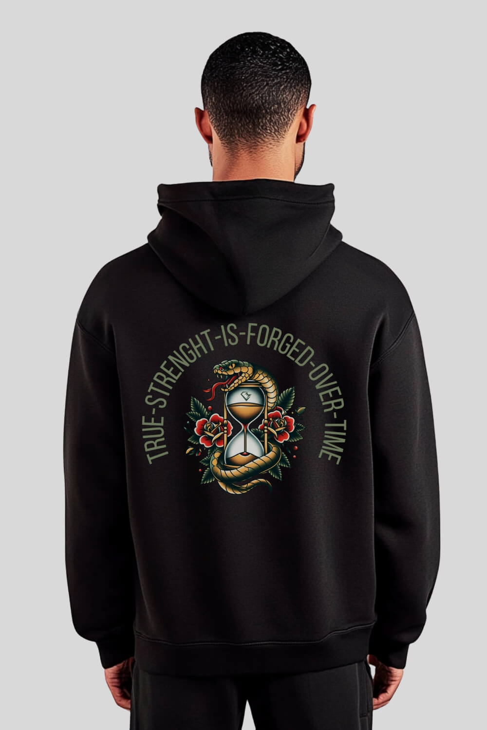 Rückansicht Strength Oversize Hoodie Black für Männer und Frauen