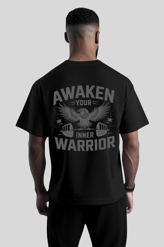 Rückansicht Warrior Oversize T-Shirt Black für Männer und Frauen